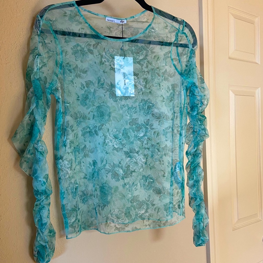 Zara Sheer Rouched Sleeve Top